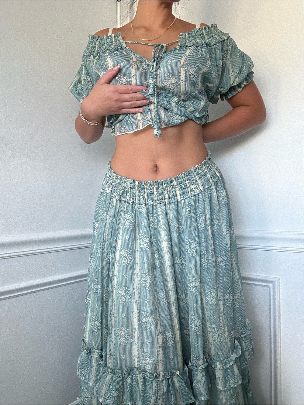 Free People Sheer Ruffled Maxi Skirt Set in Mineral Blue - Picture 6 of 8